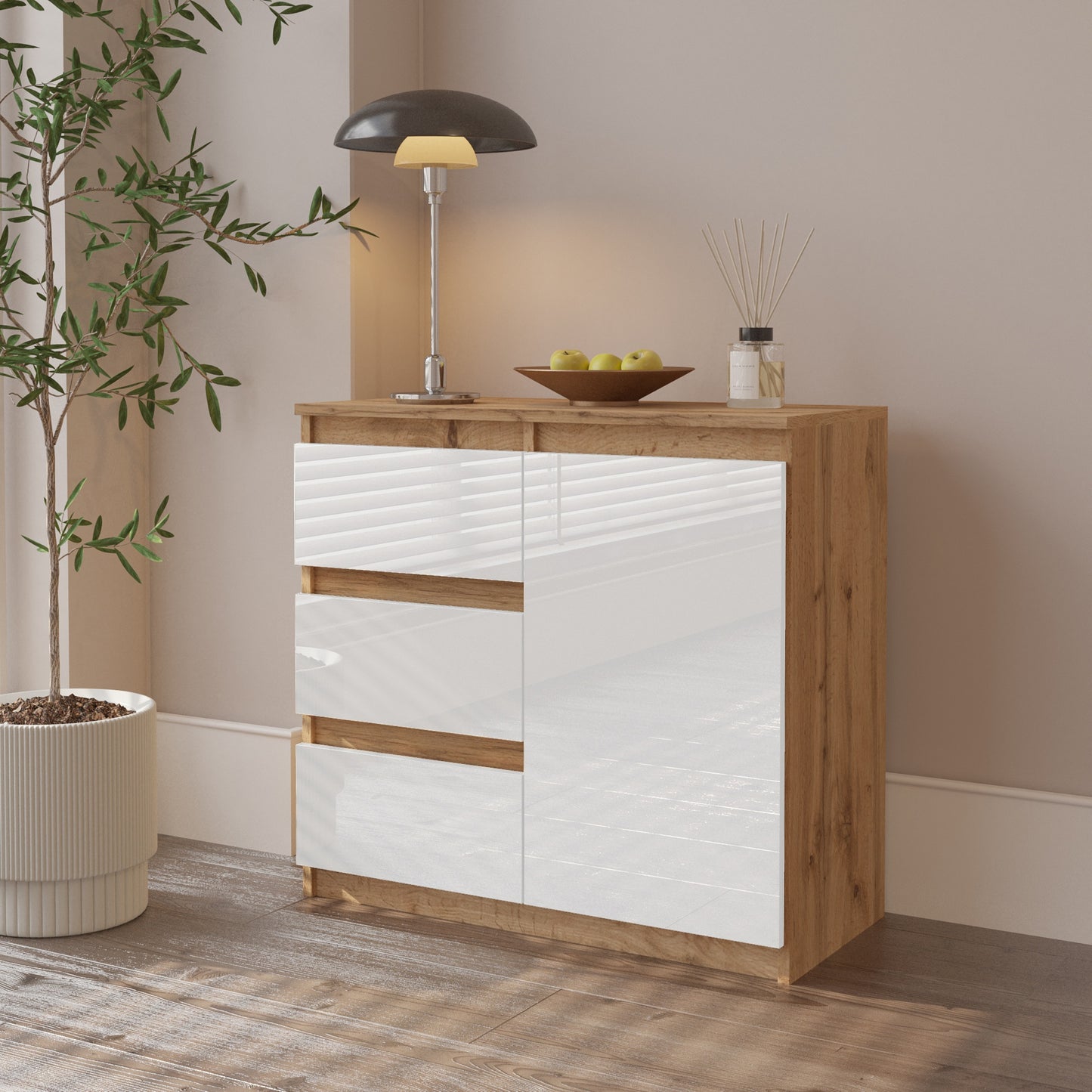 MIKEL - Kommode / Sideboard mit 3 Schubladen und 1 Tür - Wotan Eiche / Weiß Gloss H75cm B80cm T35cm