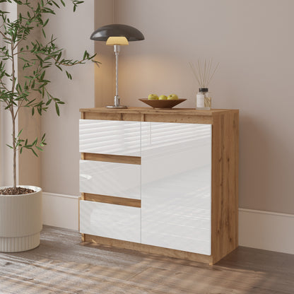 MIKEL - Kommode / Sideboard mit 3 Schubladen und 1 Tür - Wotan Eiche / Weiß Gloss H75cm B80cm T35cm