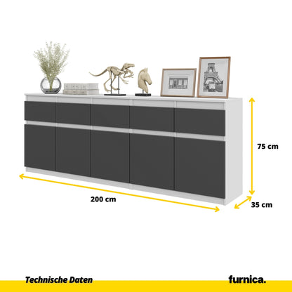 NOAH - Kommode mit 5 Schubladen und 5 Türen - Schlafzimmer Kommode Aufbewahrung Schrank Sideboard - Weiß Matt / Anthrazit H75cm B200cm T35cm