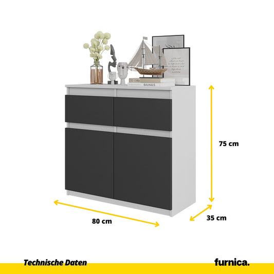 NOAH - Kommode / Sideboard mit 2 Schubladen und 2 Türen - Weiß Matt / Anthrazit Grau H75cm B80cm T35cm