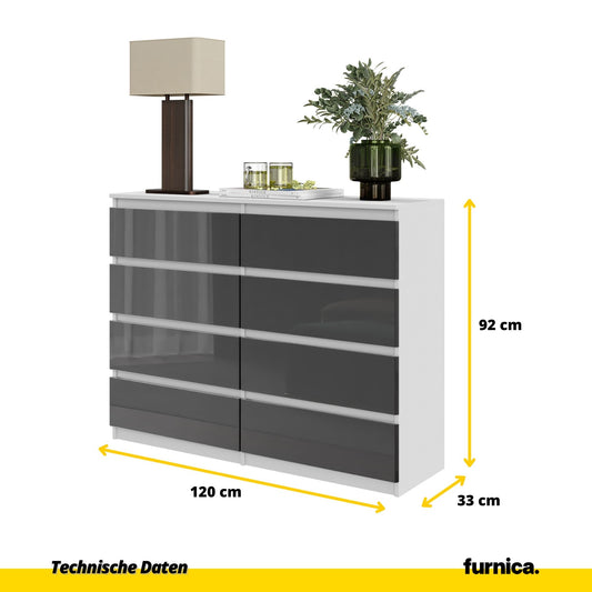 GABRIEL - Kommode / Sideboard mit 8 Schubladen - Weiß Matt / Anthrazit Gloss H92cm B120cm T33cm