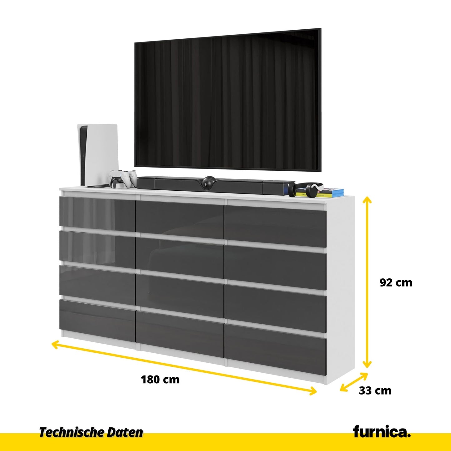 GABRIEL - Kommode / Sideboard mit 12 Schubladen (8+4) - Weiß Matt / Anthrazit Grau Gloss H92cm B180cm T33cm