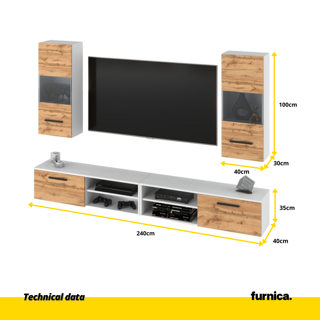 MIRANDA - Wohnwand mit 4 Schränken -  Weiß Matt / Wotan Eiche