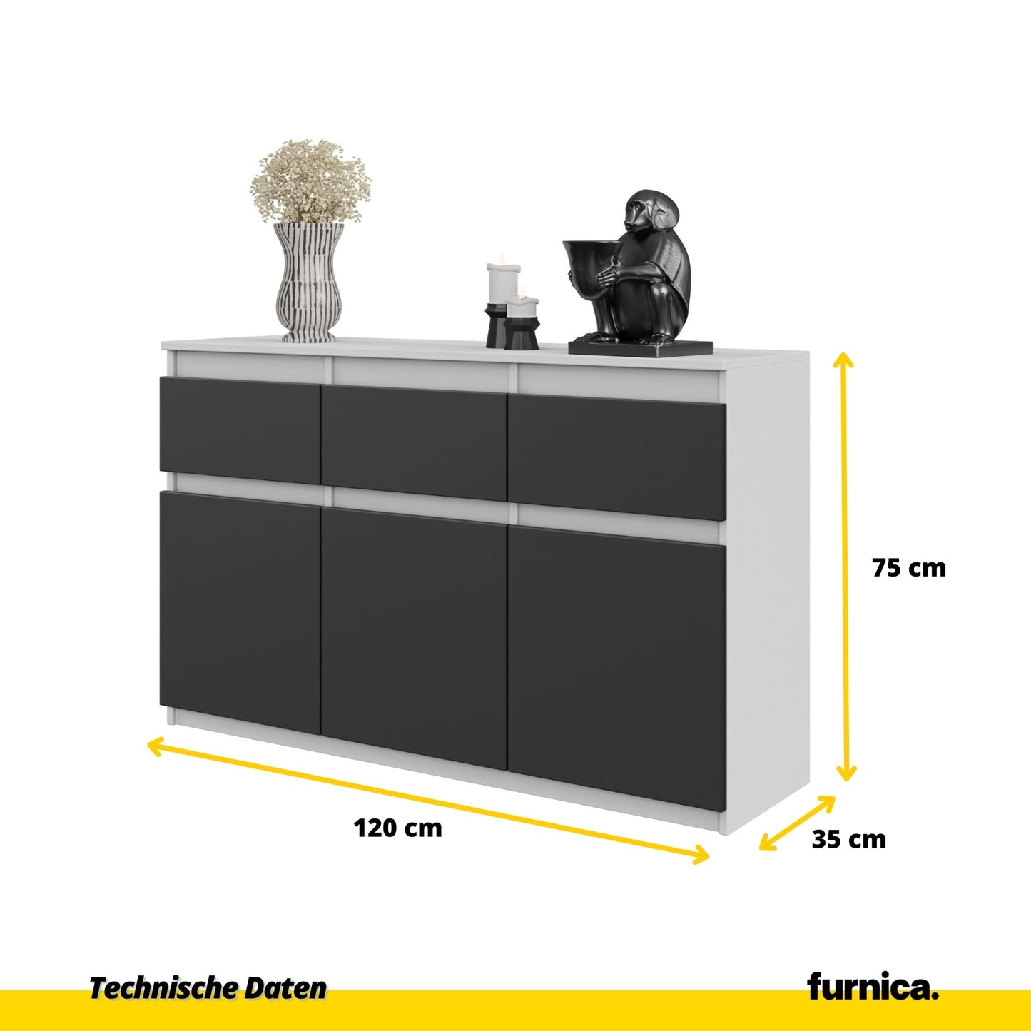 NOAH - Kommode / Sideboard mit 3 Schubladen und 3 Türen - Weiß Matt / Anthrazit Grau H75cm B120cm T35cm