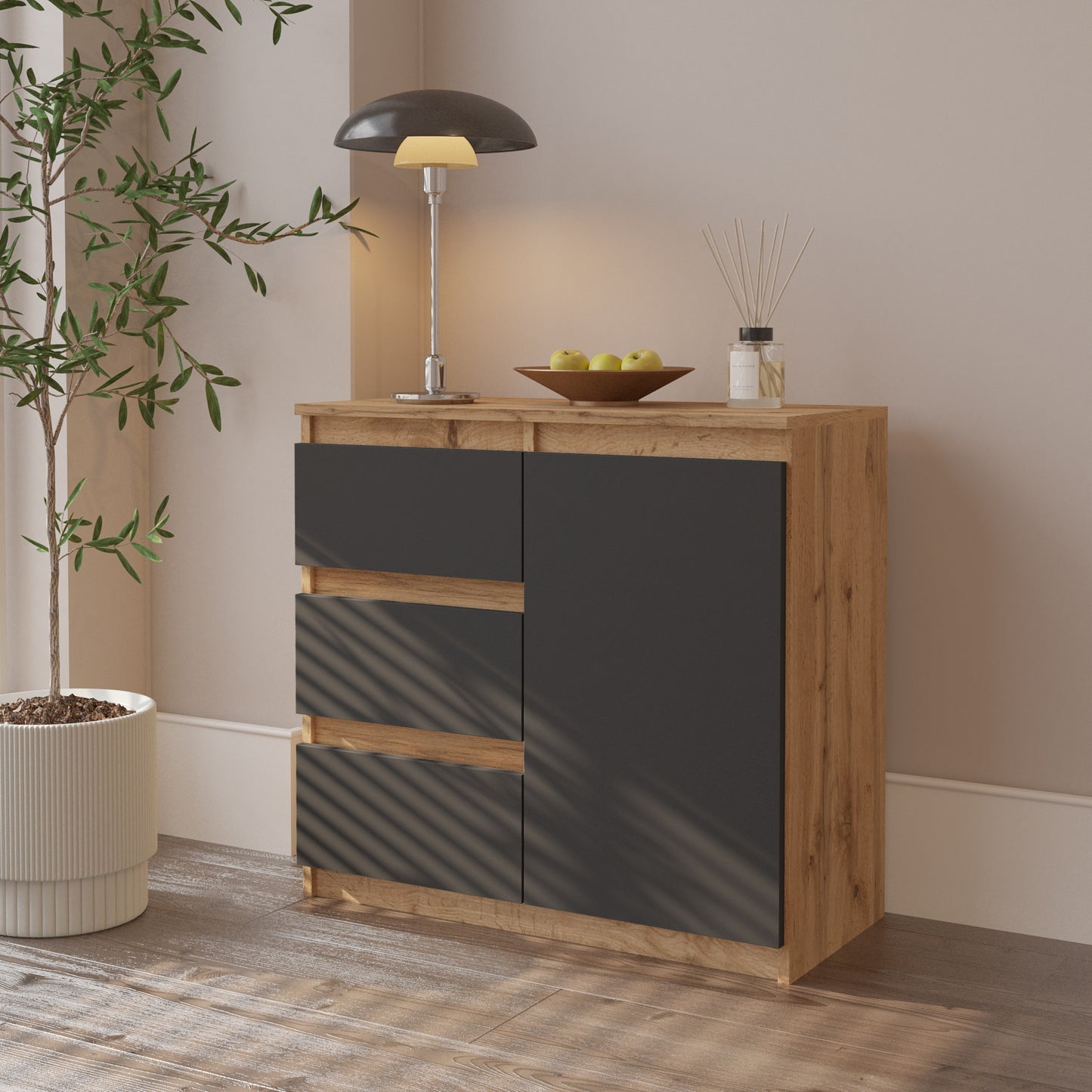 MIKEL - Kommode / Sideboard mit 3 Schubladen und 1 Tür - Wotan Eiche / Anthrazit Grau H75cm B80cm T35cm