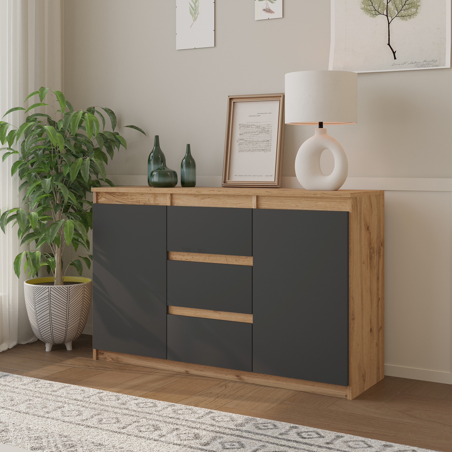 MIKEL - Kommode / Sideboard mit 3 Schubladen und 2 Türen - Wotan Eiche / Anthrazit Grau H75cm B120cm T35cm