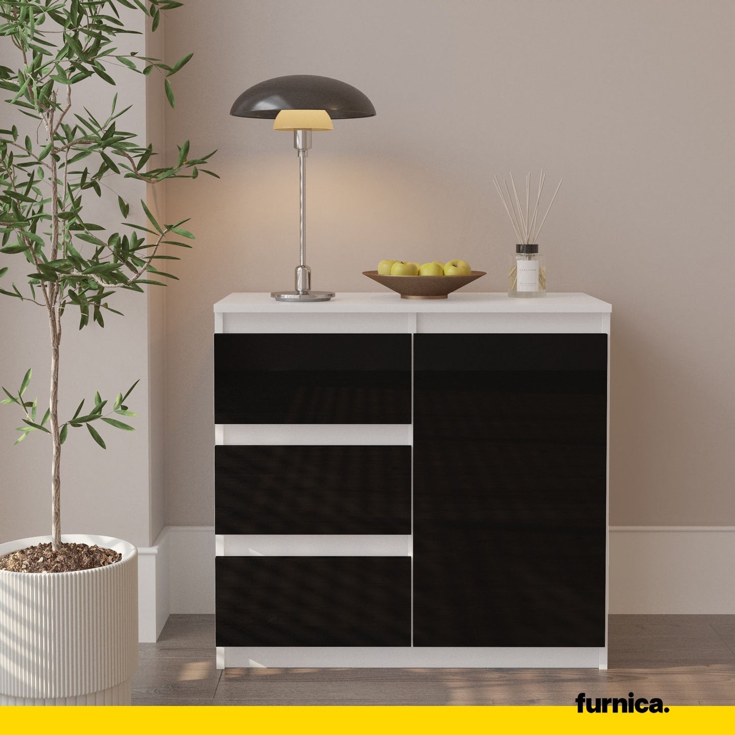 MIKEL - Kommode / Sideboard mit 3 Schubladen und 1 Tür - Weiß Matt / Schwarz Gloss H75cm B80cm T35cm