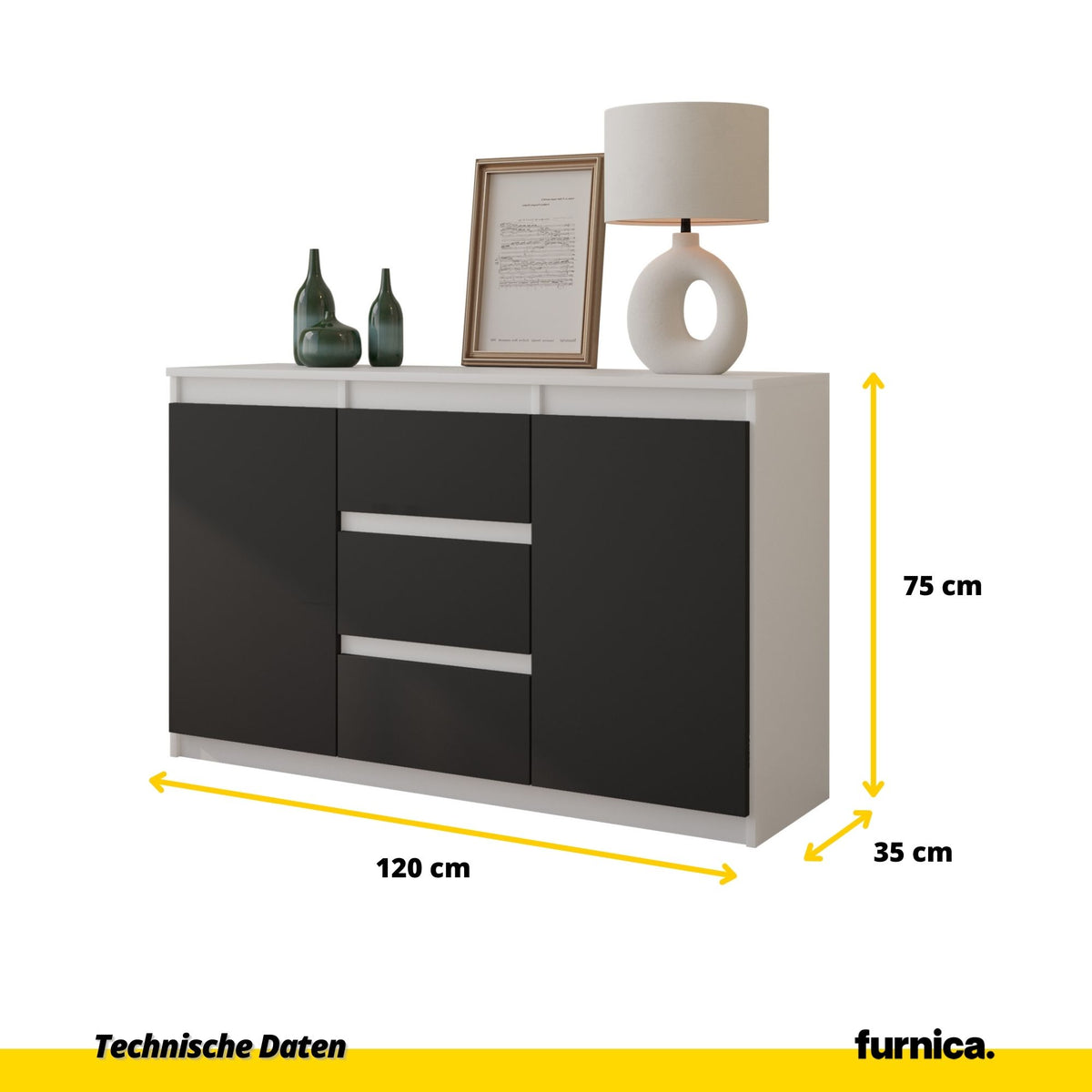 Kommode 120 cm MIKEL, 3 Schubladen 2 Türen, Weiß Matt – Furnica