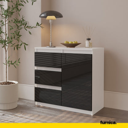 MIKEL - Kommode / Sideboard mit 3 Schubladen und 1 Tür - Weiß Matt / Schwarz Gloss H75cm B80cm T35cm