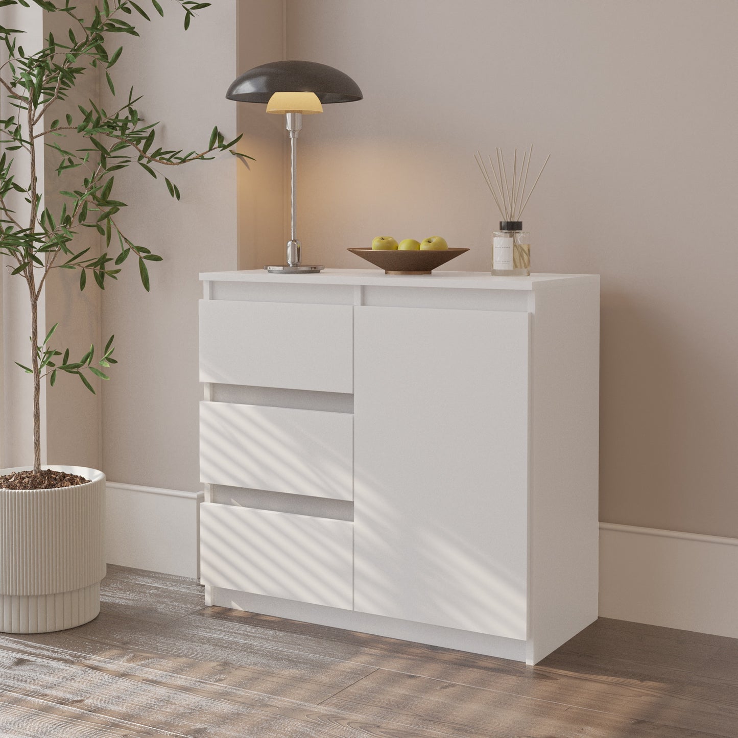 MIKEL - Kommode / Sideboard mit 3 Schubladen und 1 Tür - Weiß Matt H75cm B80cm T35cm