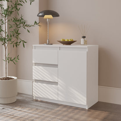 MIKEL - Kommode / Sideboard mit 3 Schubladen und 1 Tür - Weiß Matt H75cm B80cm T35cm