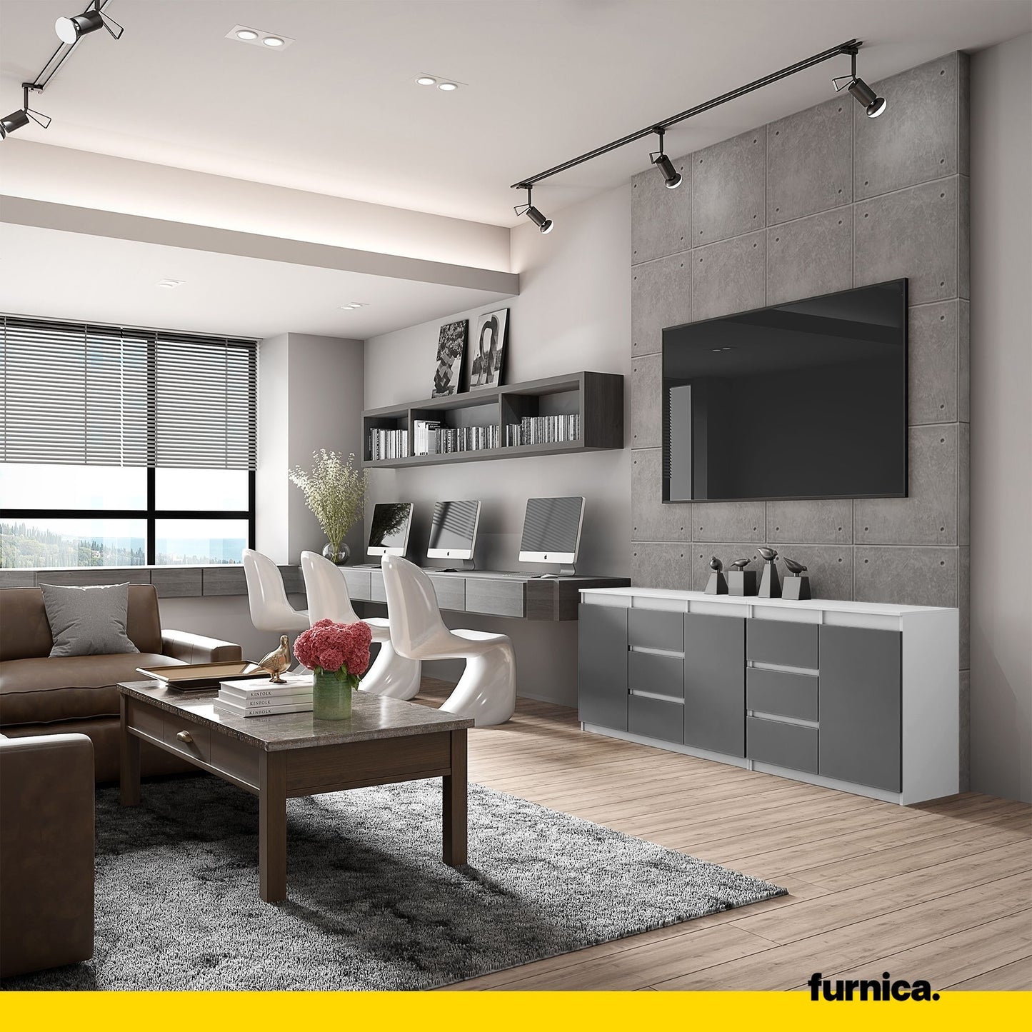 MIKEL - Kommode mit 6 Schubladen und 3 Türen - Schlafzimmer Kommode Aufbewahrung Schrank Sideboard - Weiß Matt / Anthrazit H75cm B200cm T35cm