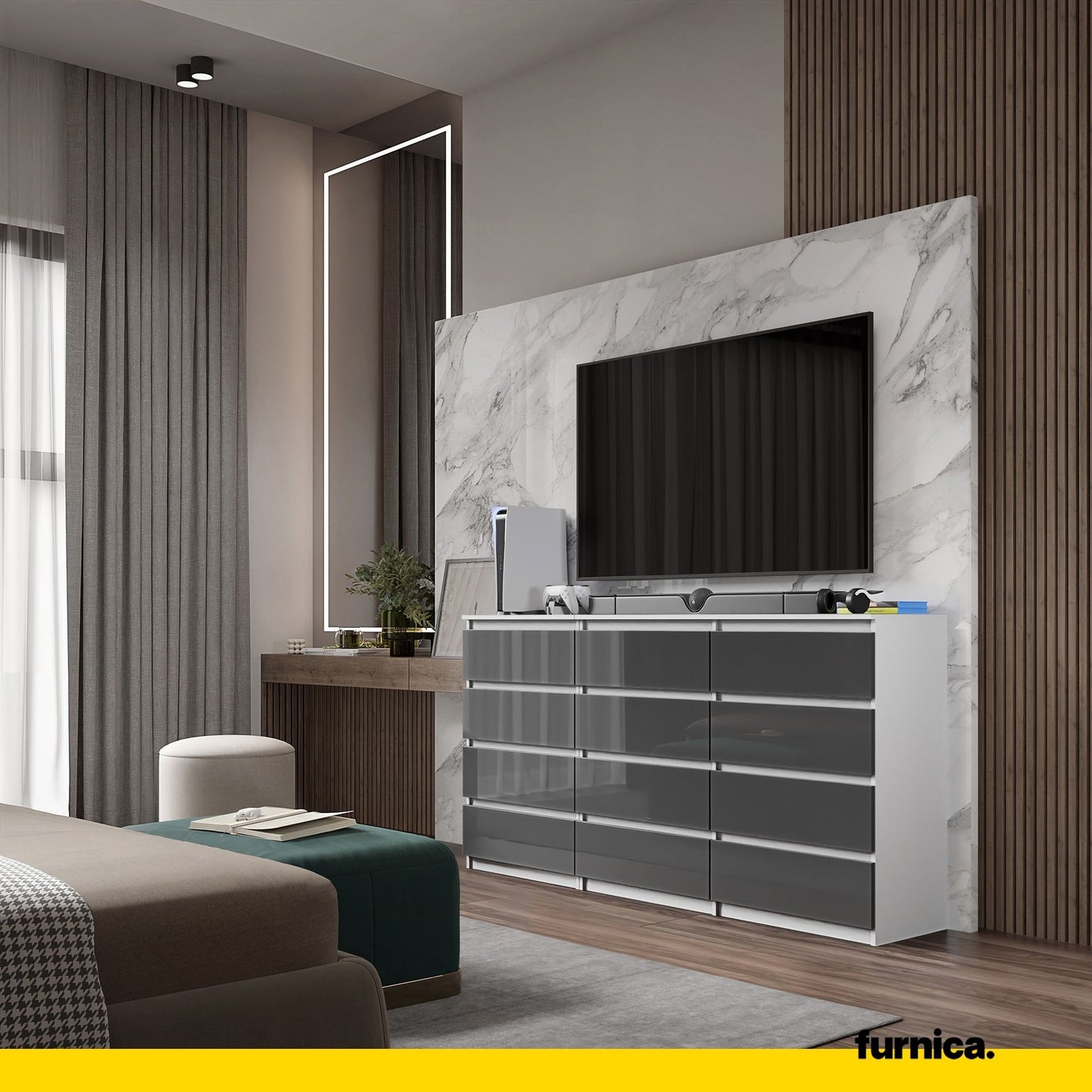 GABRIEL - Kommode / Sideboard mit 12 Schubladen (8+4) - Weiß Matt / Anthrazit Grau Gloss H92cm B180cm T33cm