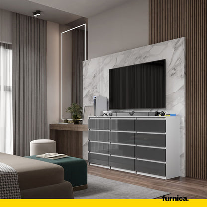GABRIEL - Kommode / Sideboard mit 12 Schubladen (8+4) - Weiß Matt / Anthrazit Grau Gloss H92cm B180cm T33cm