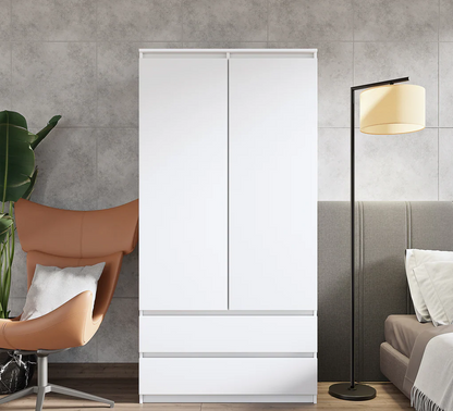 JOELLE - Kleiderschrank mit 2 Türen und 2 Schubladen - Weiß Matt H180cm B90cm T50cm