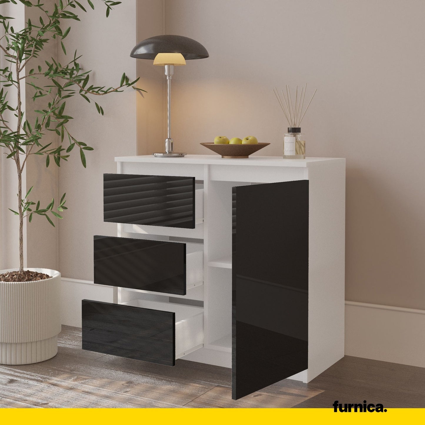 MIKEL - Kommode / Sideboard mit 3 Schubladen und 1 Tür - Weiß Matt / Schwarz Gloss H75cm B80cm T35cm