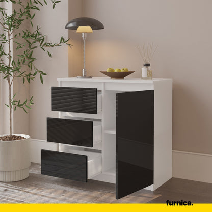 MIKEL - Kommode / Sideboard mit 3 Schubladen und 1 Tür - Weiß Matt / Schwarz Gloss H75cm B80cm T35cm