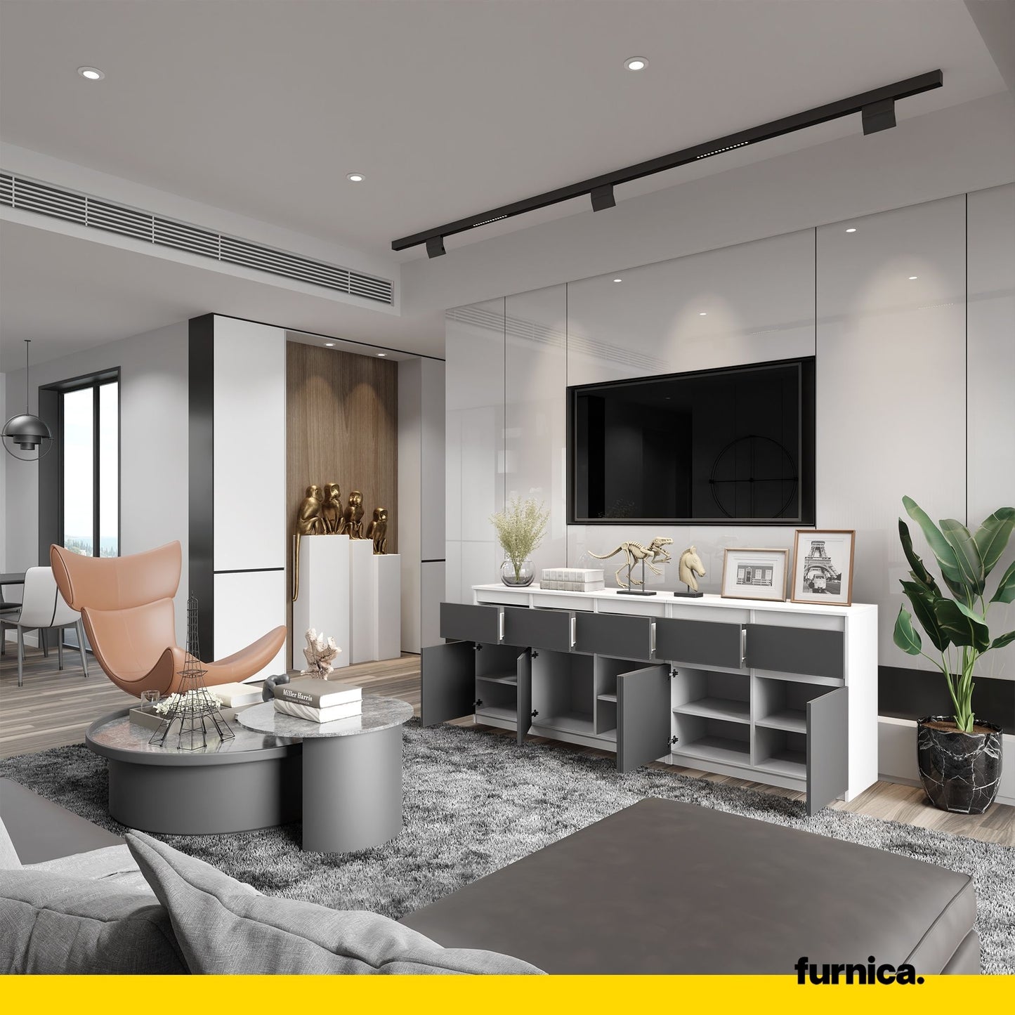 NOAH - Kommode mit 5 Schubladen und 5 Türen - Schlafzimmer Kommode Aufbewahrung Schrank Sideboard - Weiß Matt / Anthrazit H75cm B200cm T35cm