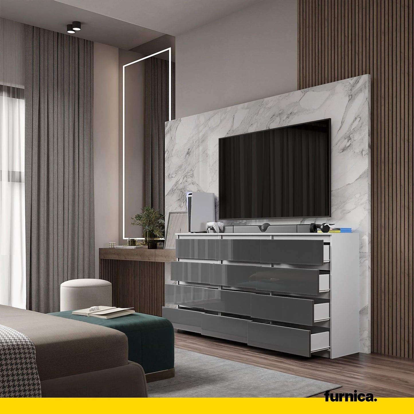 GABRIEL - Kommode / Sideboard mit 12 Schubladen (8+4) - Weiß Matt / Anthrazit Grau Gloss H92cm B180cm T33cm