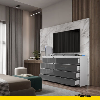 GABRIEL - Kommode / Sideboard mit 12 Schubladen (8+4) - Weiß Matt / Anthrazit Grau Gloss H92cm B180cm T33cm