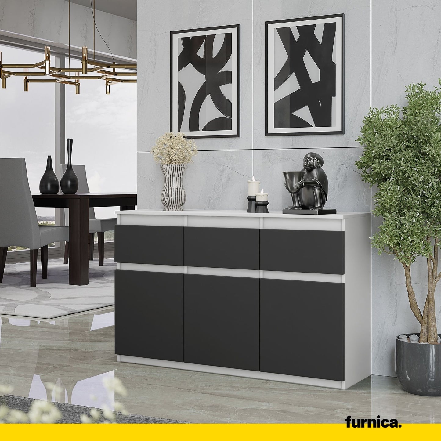 NOAH - Kommode / Sideboard mit 3 Schubladen und 3 Türen - Weiß Matt / Anthrazit Grau H75cm B120cm T35cm