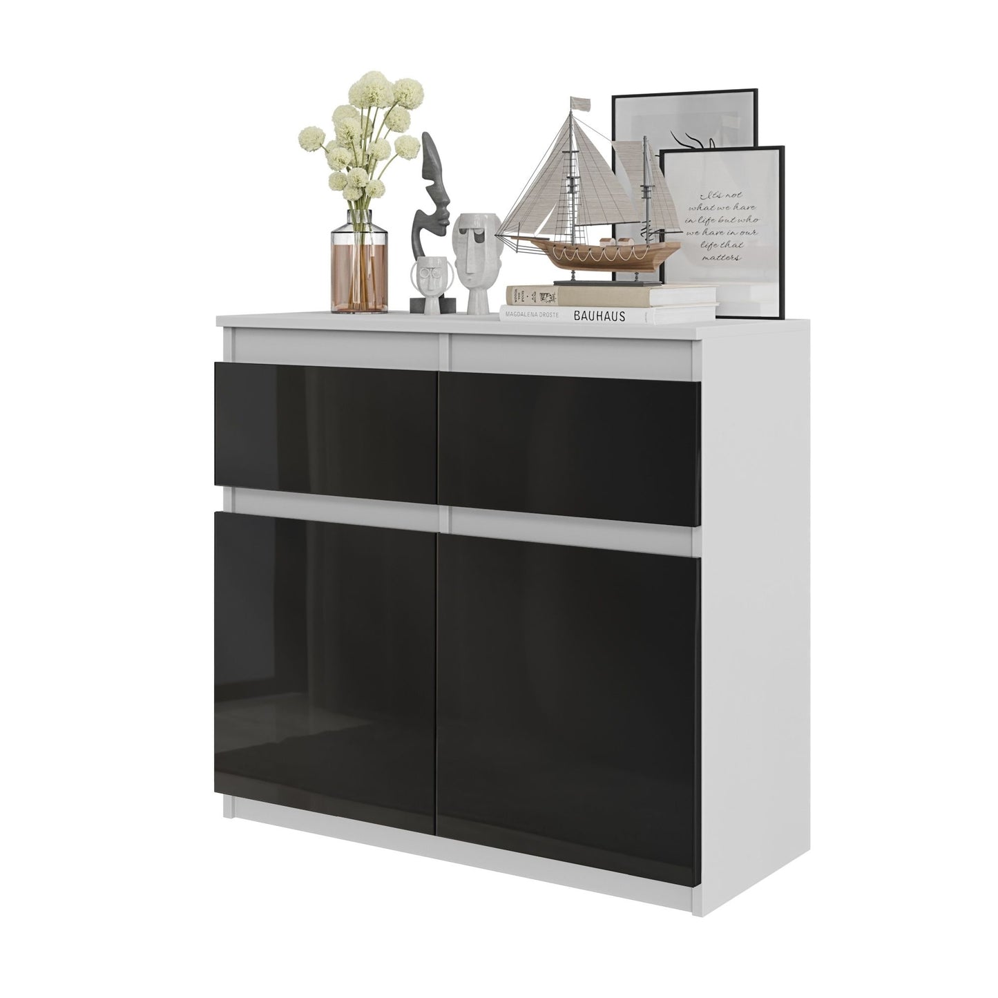 NOAH - Kommode / Sideboard mit 2 Schubladen und 2 Türen - Weiß Matt / Schwarz Gloss H75cm B80cm T35cm