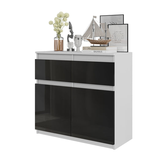 NOAH - Kommode / Sideboard mit 2 Schubladen und 2 Türen - Weiß Matt / Schwarz Gloss H75cm B80cm T35cm