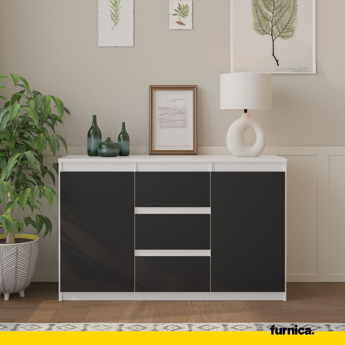 Kommode 120 cm MIKEL, 3 Schubladen 2 Türen, Weiß Matt – Furnica