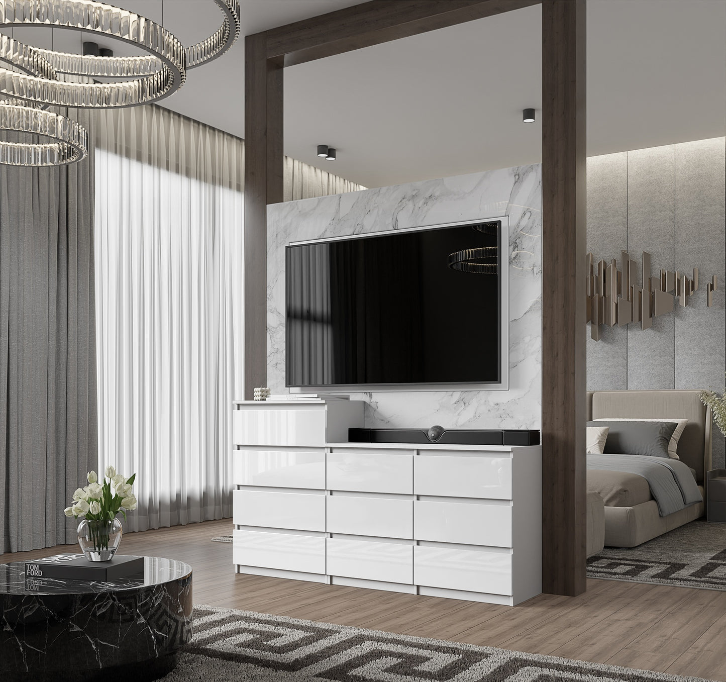 GABRIEL - Kommode / Sideboard mit 10 Schubladen (6+4) - Weiß Gloss H92/70cm B160cm T33cm