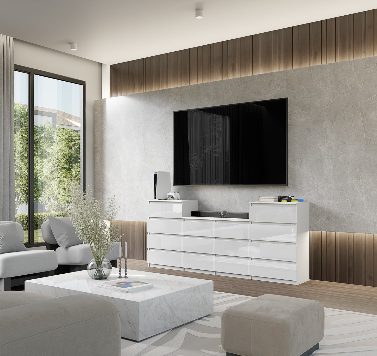 GABRIEL - Kommode / Sideboard mit 14 Schubladen (4+6+4) - Weiß Gloss H92/70cm B220cm T33cm