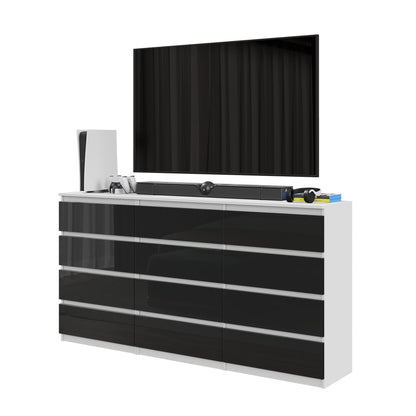 GABRIEL - Kommode / Sideboard mit 12 Schubladen (8+4) - Weiß Matt / Schwarz Gloss H92cm B180cm T33cm