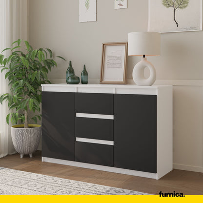 MIKEL - Kommode / Sideboard mit 3 Schubladen und 2 Türen - Weiß Matt / Anthrazit Grau H75cm B120cm T35cm