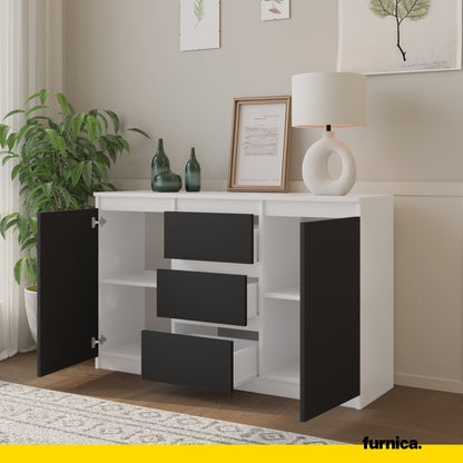 MIKEL - Kommode / Sideboard mit 3 Schubladen und 2 Türen - Weiß Matt / Anthrazit Grau H75cm B120cm T35cm