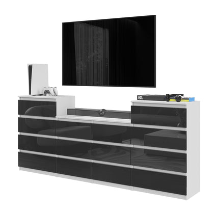 GABRIEL - Kommode / Sideboard mit 14 Schubladen (4+6+4) - Weiß Matt / Anthrazit Grau Gloss H92/70cm B220cm T33cm