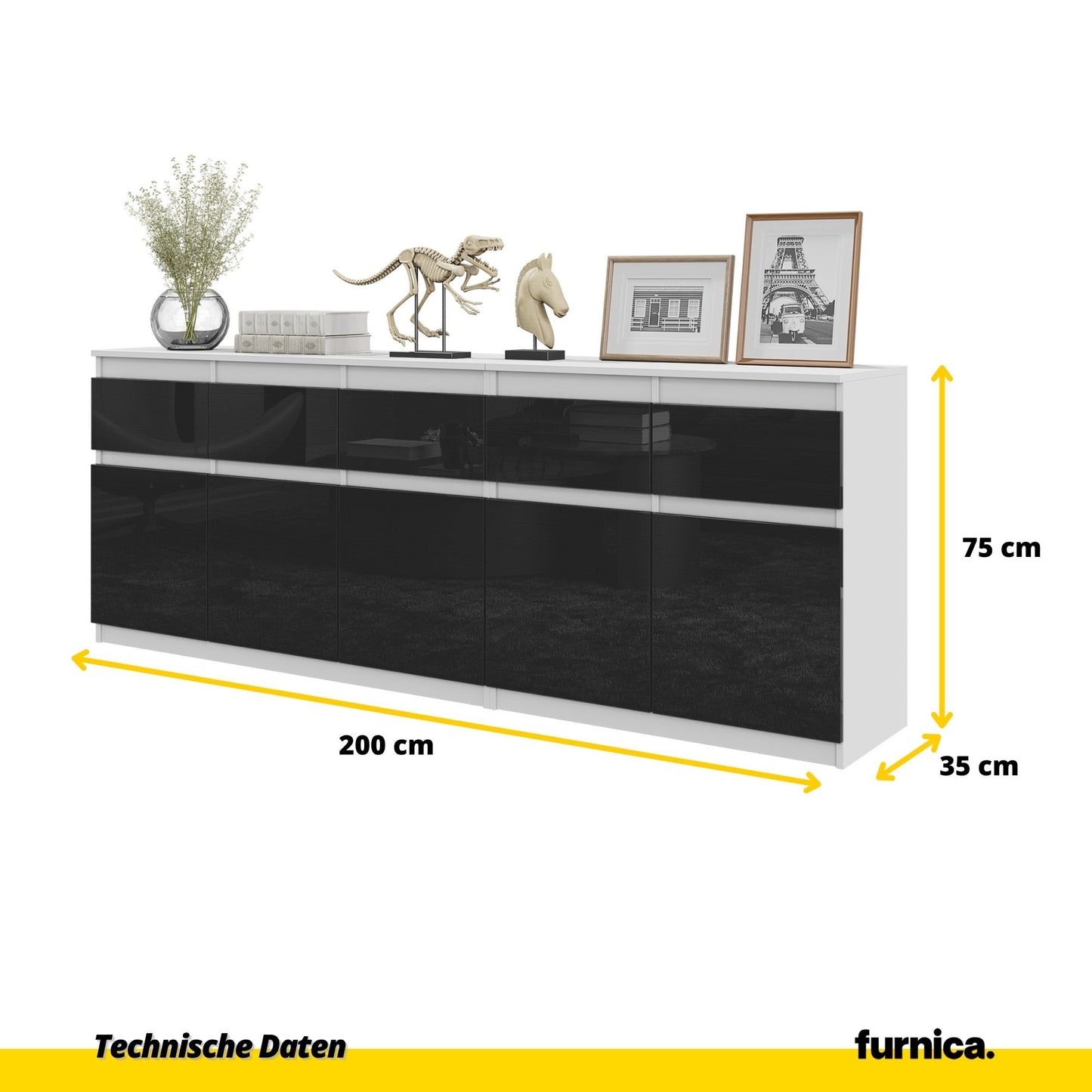 NOAH - Kommode mit 5 Schubladen und 5 Türen - Schlafzimmer Kommode Aufbewahrung Schrank Sideboard - Weiß Matt / Schwarz Glanz H75cm B200cm T35cm