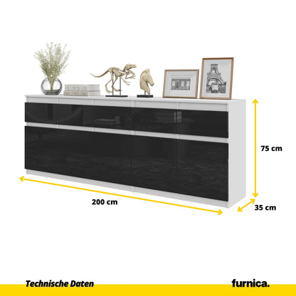 NOAH - Kommode mit 5 Schubladen und 5 Türen - Schlafzimmer Kommode Aufbewahrung Schrank Sideboard - Weiß Matt / Schwarz Glanz H75cm B200cm T35cm