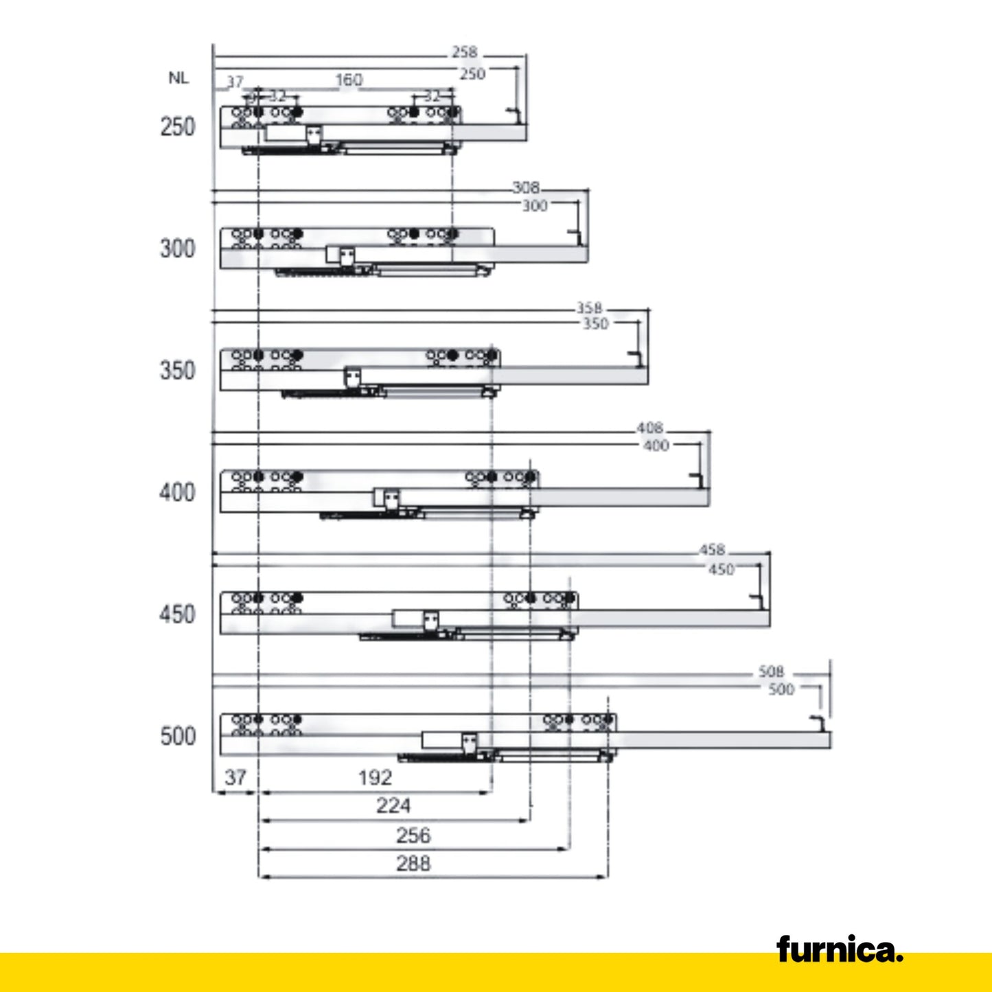 Soft-Close Unterflurführungen Schubladenschienen 250mm - 550mm