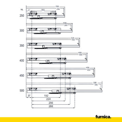 Soft-Close Unterflurführungen Schubladenschienen 250mm - 550mm