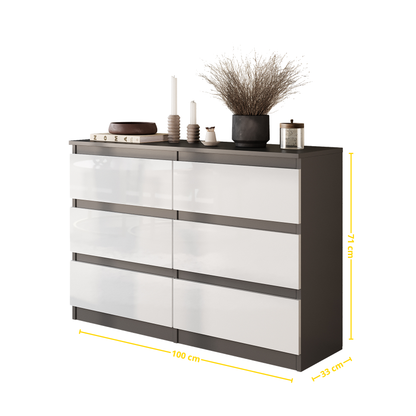 GABRIEL - Kommode / Sideboard mit 6 Schubladen - Anthrazit / Weiß Gloss H71cm B100cm TD33cm