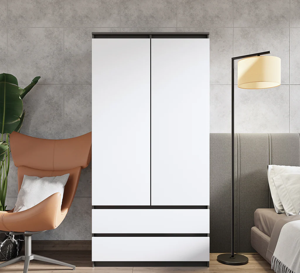 JOELLE - Kleiderschrank mit 2 Türen und 2 Schubladen -  Anthrazit / Weiß Matt H180cm B90cm T50cm