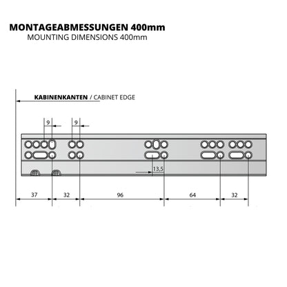 Soft-Close Unterflurführungen Schubladenschienen, Vollauszug 250mm - 600mm