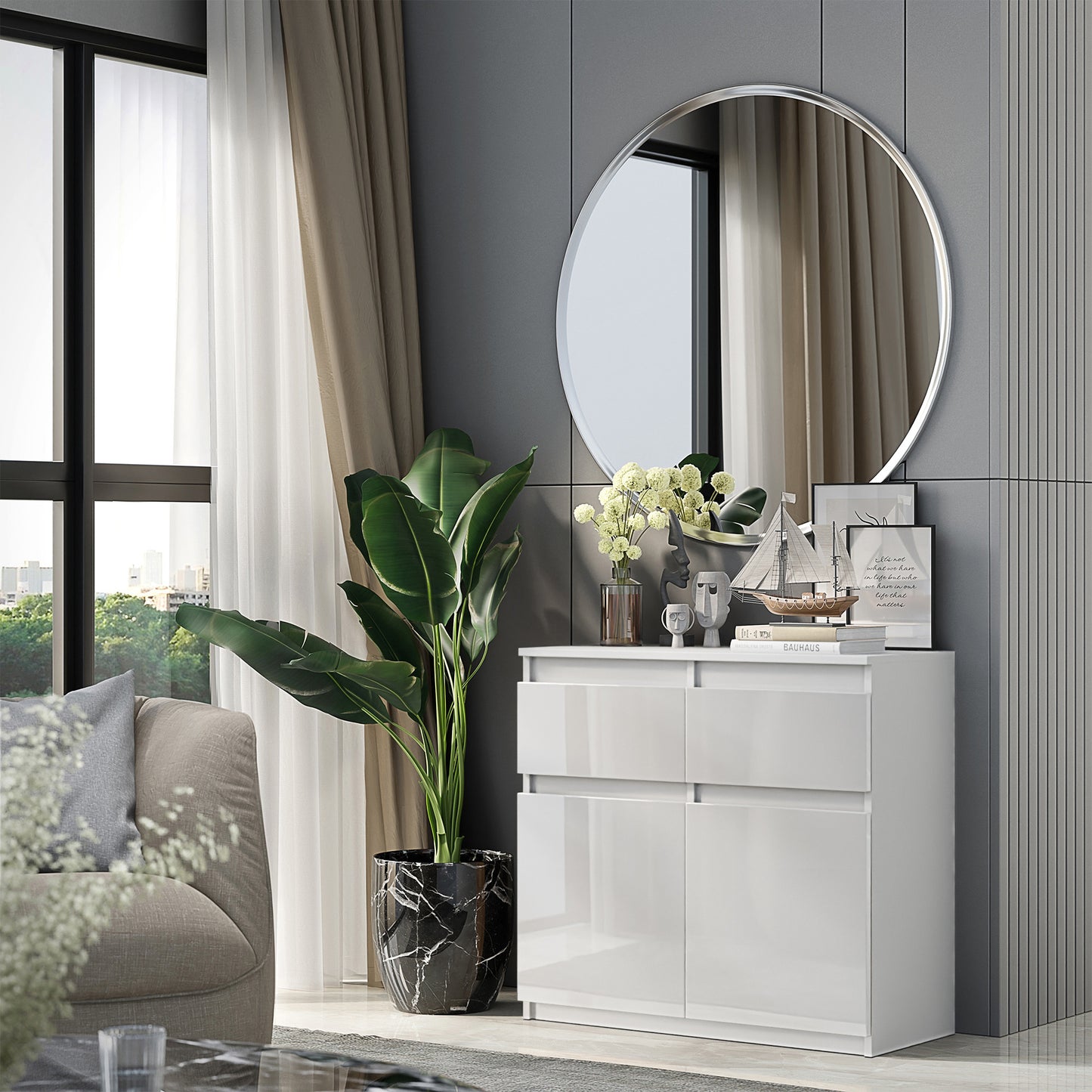 NOAH - Kommode / Sideboard mit 2 Schubladen und 2 Türen - Weiß Matt / Weiß Gloss H75cm B80cm T35cm
