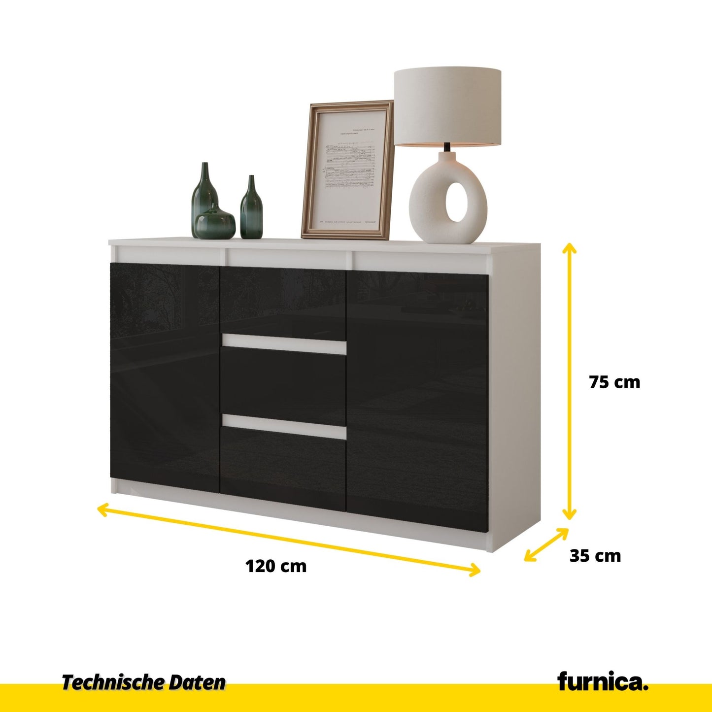 MIKEL - Kommode / Sideboard mit 3 Schubladen und 2 Türen - Weiß Matt / Schwarz Gloss H75cm B120cm T35cm