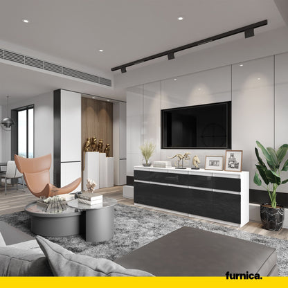 NOAH - Kommode mit 5 Schubladen und 5 Türen - Schlafzimmer Kommode Aufbewahrung Schrank Sideboard - Weiß Matt / Schwarz Glanz H75cm B200cm T35cm