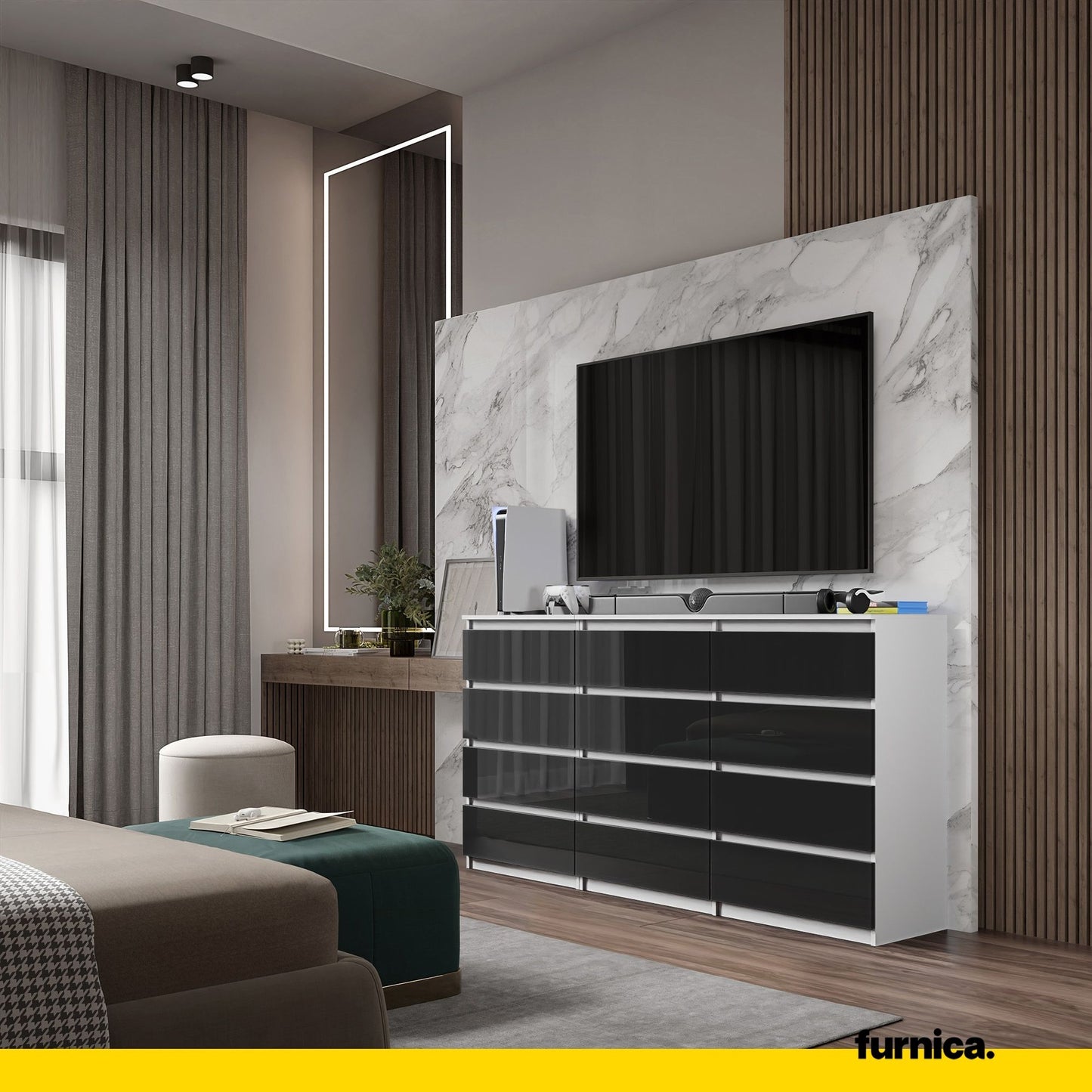 GABRIEL - Kommode / Sideboard mit 12 Schubladen (8+4) - Weiß Matt / Schwarz Gloss H92cm B180cm T33cm
