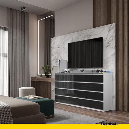 GABRIEL - Kommode / Sideboard mit 12 Schubladen (8+4) - Weiß Matt / Schwarz Gloss H92cm B180cm T33cm