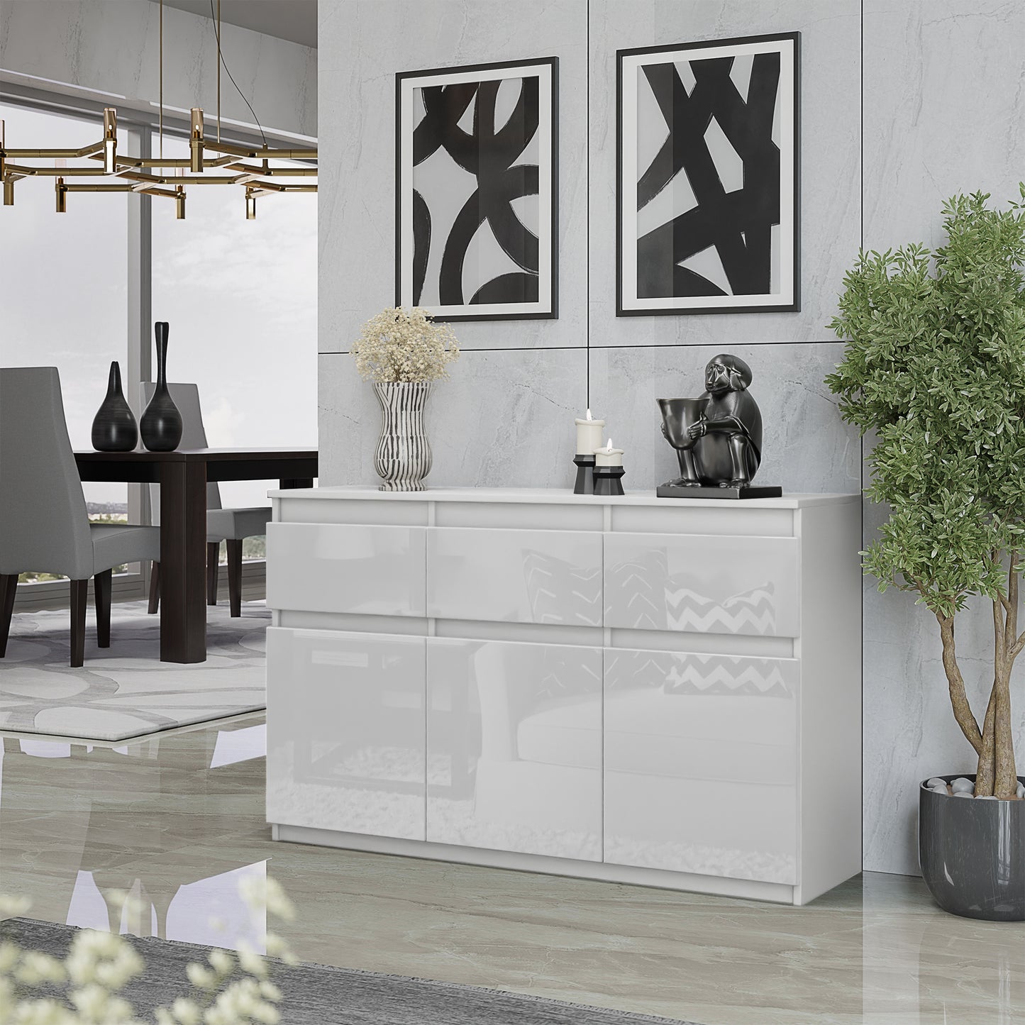 NOAH - Kommode / Sideboard mit 3 Schubladen und 3 Türen - Weiß Matt / Weiß Gloss H75cm B120cm T35cm