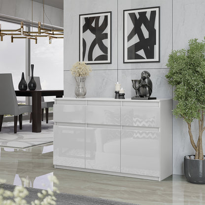 NOAH - Kommode / Sideboard mit 3 Schubladen und 3 Türen - Weiß Matt / Weiß Gloss H75cm B120cm T35cm