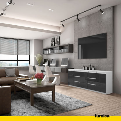 MIKEL - Kommode mit 6 Schubladen und 3 Türen - Schlafzimmer Kommode Aufbewahrungsschrank Sideboard - Weiß Matt / Schwarz Glanz H75cm B200cm T35cm