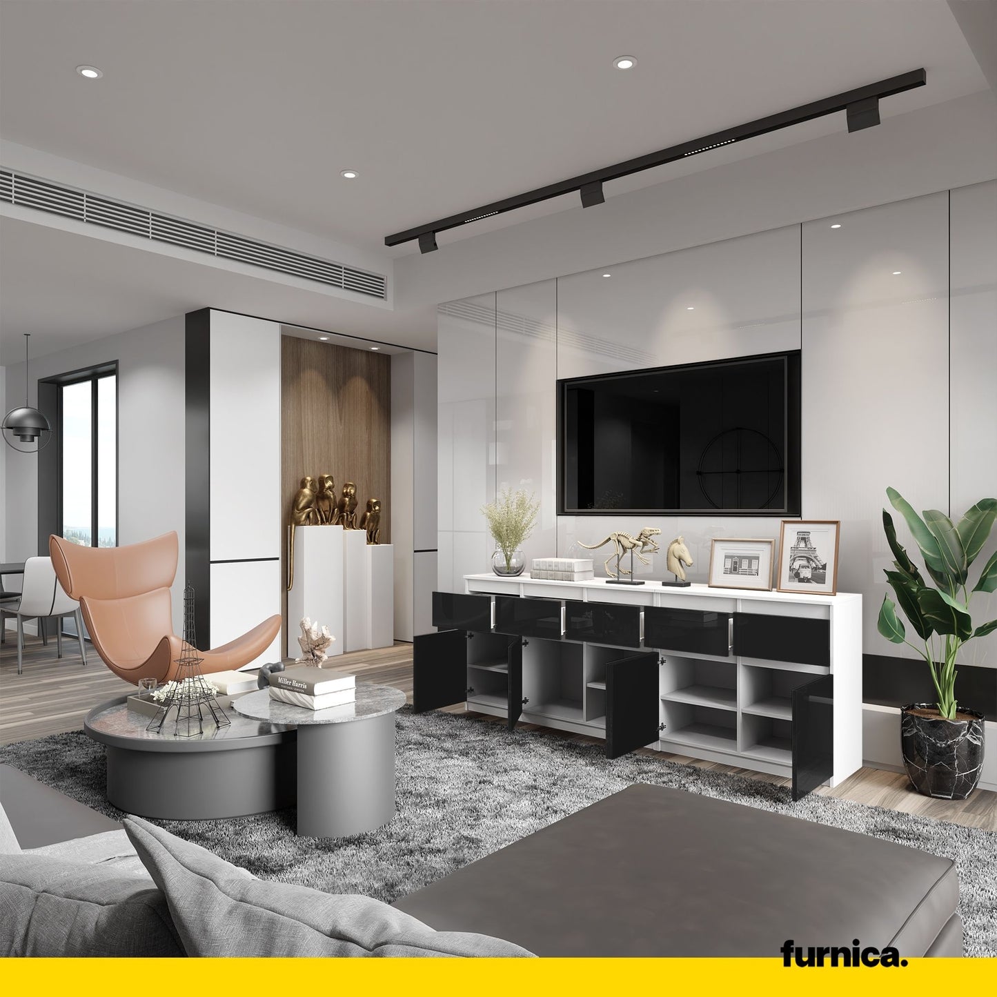 NOAH - Kommode mit 5 Schubladen und 5 Türen - Schlafzimmer Kommode Aufbewahrung Schrank Sideboard - Weiß Matt / Schwarz Glanz H75cm B200cm T35cm